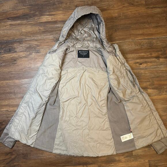 Athleta Rock Ridge Primaloft Quilted Grey taupe SMALL Women's Hooded Jacket - Picture 8 of 11